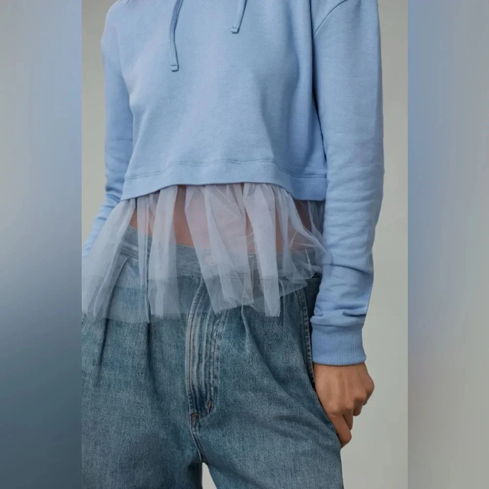 Pilcro Tulle-Hem Short-Sleeve Hoodie